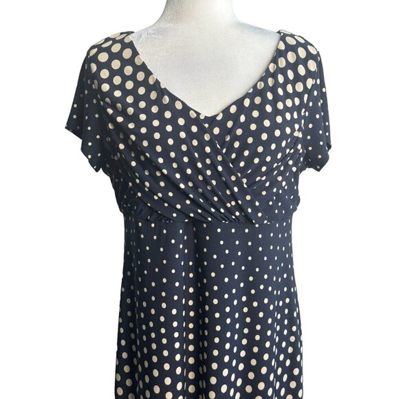 MSK A-Line Dress Tan Polka Dot on Navy Blue Empire Waist Women's Size 12 - Picture 2 of 7